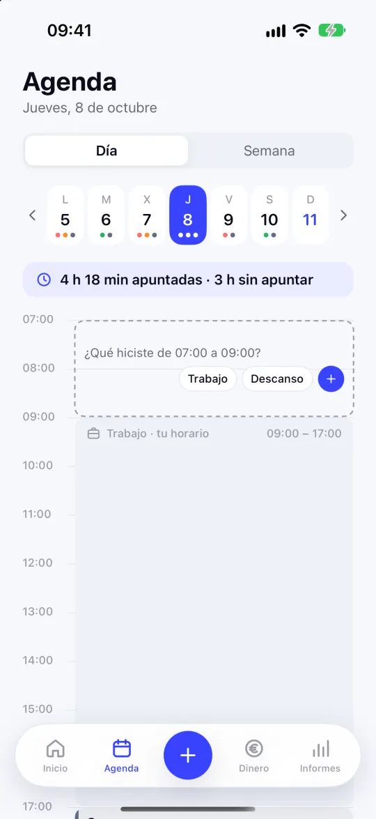 Agenda de Kronoro del jueves: 4 horas y 18 minutos apuntadas, 3 horas sin apuntar y la pregunta «¿Qué hiciste de 07:00 a 09:00?»