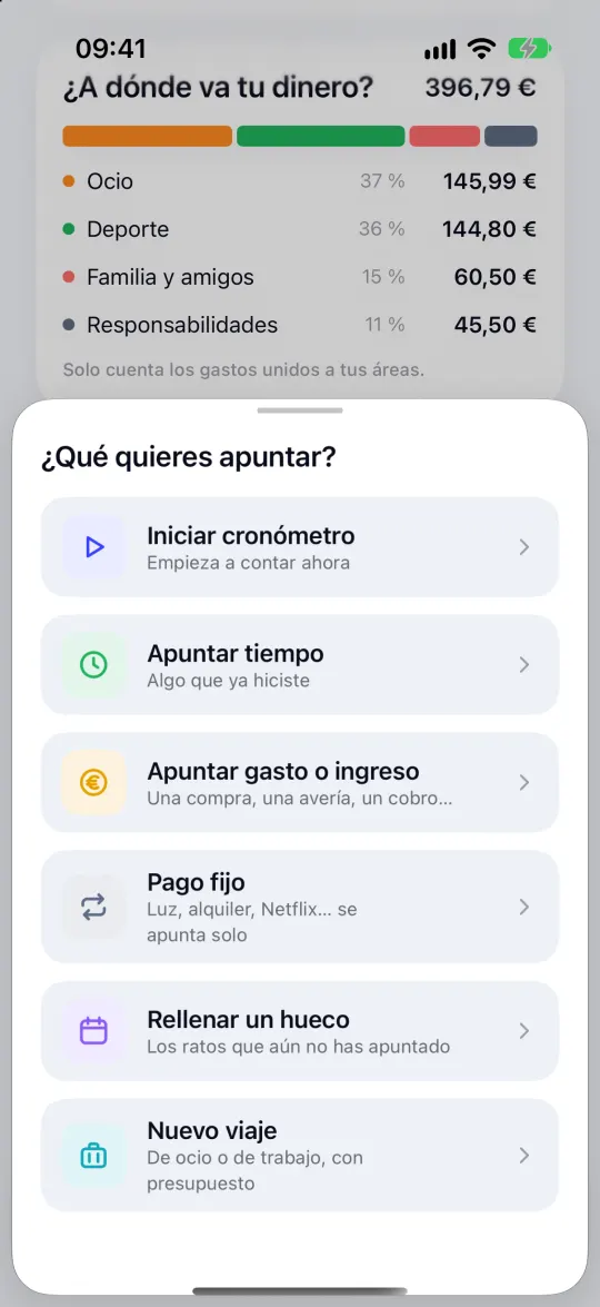 Menú de Kronoro para apuntar: iniciar cronómetro, apuntar tiempo, gasto o ingreso, pago fijo, rellenar un hueco o nuevo viaje
