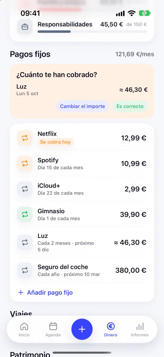 Pagos fijos en Kronoro: Netflix, Spotify, iCloud, gimnasio, luz y seguro del coche, con la confirmación del importe de la luz